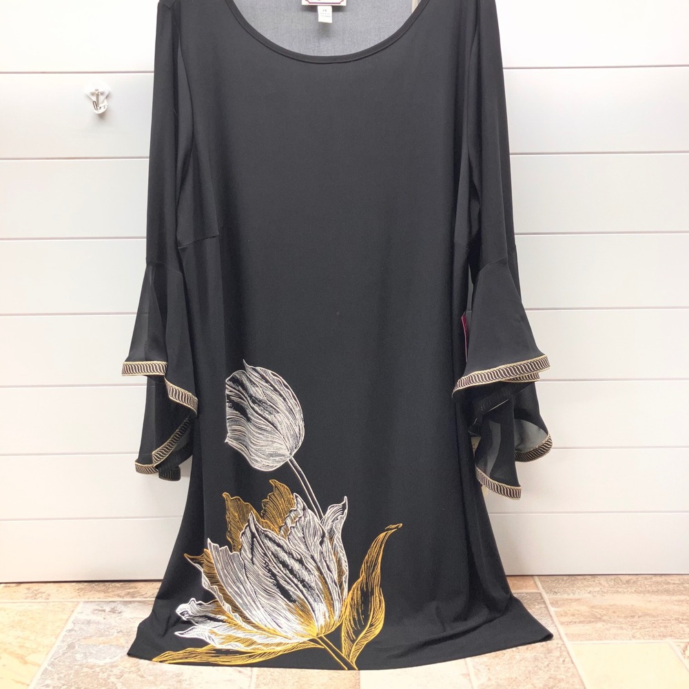 Ivy Road Black Floral Shift Dress 2X Gold Tulip Bell Sleeve Boho Cocktail NEW